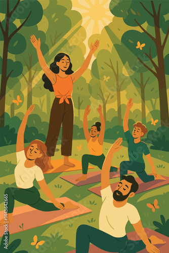 Group of people are doing yoga in a forest