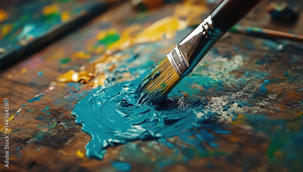 Obraz premium Close-Up of Paintbrush Mixing Blue Oil Paint on Wooden Palette