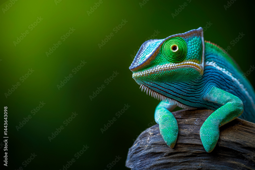 Fototapeta premium Vibrant green chameleon perched on a branch with a blurred green background in natural setting