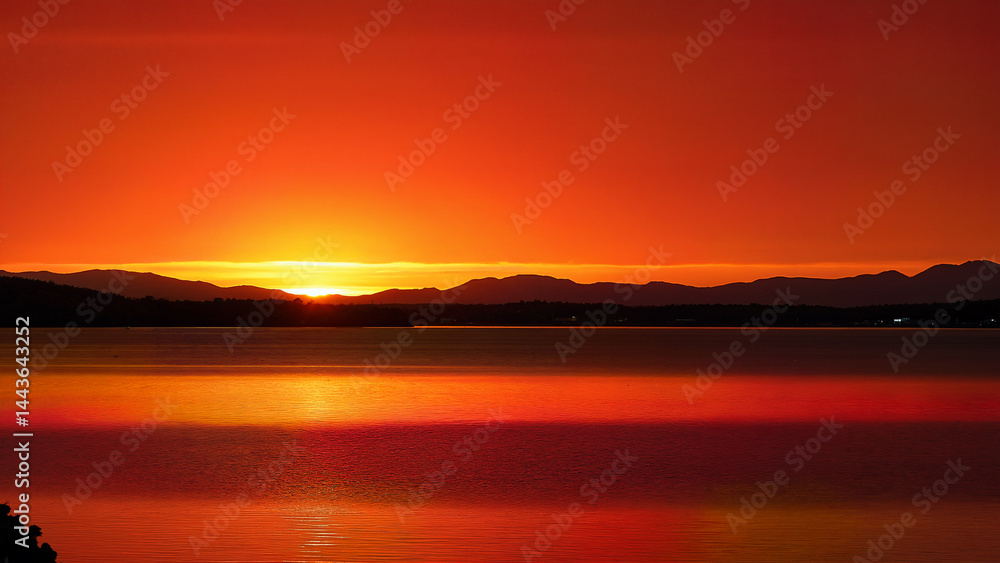 Sunset with vibrant orange and red hues reflecting on lake, mountains silhouetted in the background. Perfect for nature, relaxation, and landscape inspiration searches. Sunset with vibrant orange and red hues reflecting on lake, mountains silhouetted in the background. Perfect for nature, relaxation, and landscape inspiration searches.