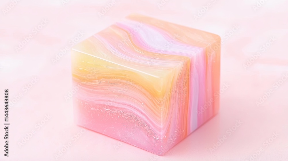 Pink and Orange Swirl Marble Cube on Pastel Background Pink and Orange Swirl Marble Cube on Pastel Background