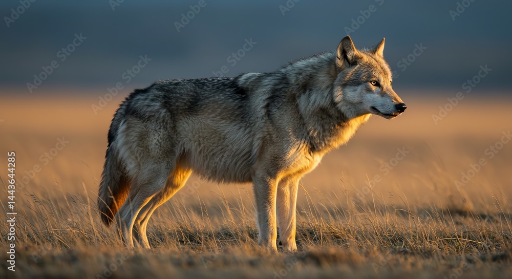 Fototapeta premium Wolf Standing in a Field at Golden Hour Looking Alert
