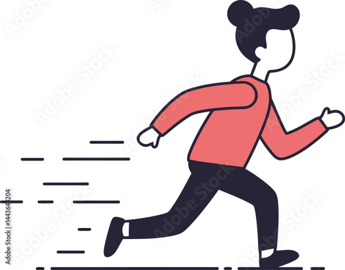Woman running fast in red sweater with motion lines simple vector illustration of active female jogging or sprinting 