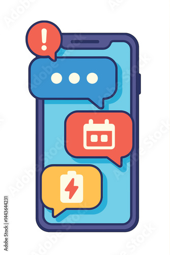 Trendy vector illustration of smartphone notifications including message alert, calendar reminder, and battery warning. Modern UI look, vivid colors, no text, transparent background.