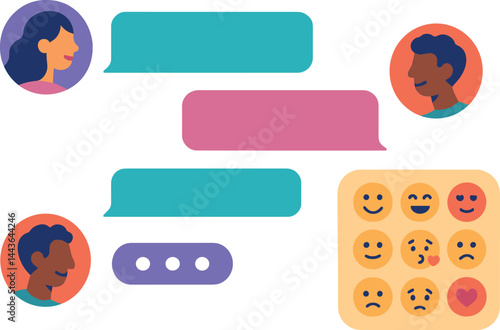 Trendy vector illustration of a chat interface showing messages, typing indicator, emoji panel, and avatars. Stylish flat design, saturated colors, no text, transparent background.