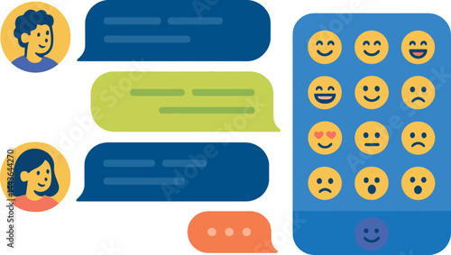 Trendy vector illustration of a chat interface showing messages, typing indicator, emoji panel, and avatars. Stylish flat design, saturated colors, no text, transparent background.