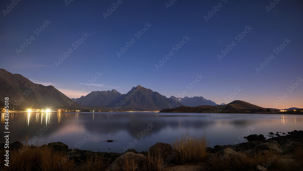 Fototapeta premium Landscape with lake and mountains at night. City and stars reflecting in water. For illustrating nature, astronomy, travel scenery concepts.
