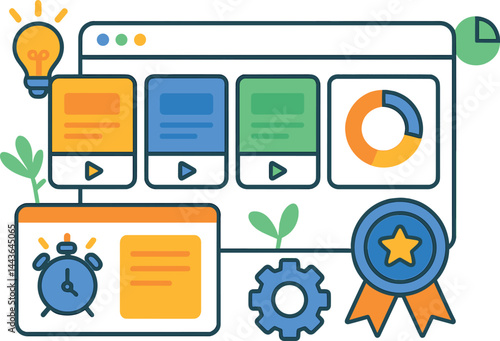 Vector illustration of a learning management dashboard with course tiles, progress bar, quiz reminder, and certification badge. Bright educational design, no text, transparent background