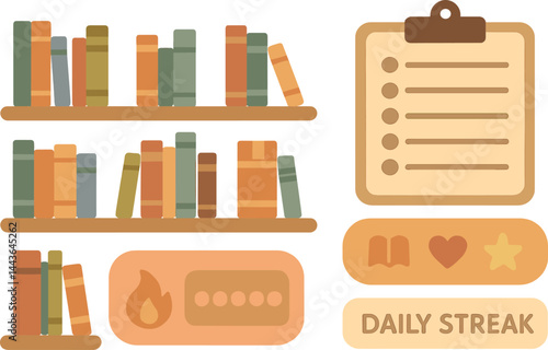 Vector illustration of a reading progress tracker with bookshelves, reading log, favorite genres, and daily streak. Cozy and reader-friendly design, no text, transparent background