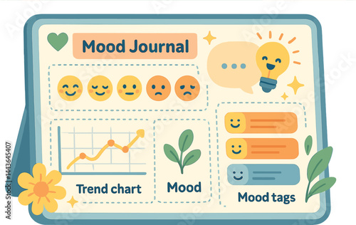 Vector illustration of a digital mood journal with emoji selector, reflection prompt, trend chart, and mood tags. Supportive and uplifting visuals, no text, transparent background