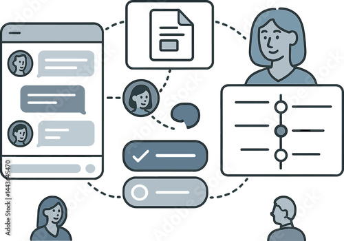Vector illustration of a team collaboration app with chat threads, shared files, task tags, and activity timeline. Professional and communicative style, no text, transparent background
