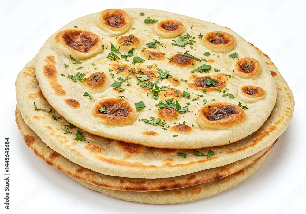 Stack of freshly baked naan bread topped with fresh parsley isolated on white background Stack of freshly baked naan bread topped with fresh parsley isolated on white background