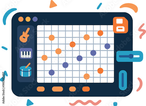 Vector illustration of a music composition app with note placement grid, instrument selector, tempo slider, and save icon. Creative and dynamic visuals, no text, transparent background