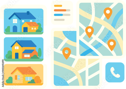 Vector illustration of a real estate app with property cards, map view, filter panel, and contact agent button. Bright and intuitive design, no text, transparent background