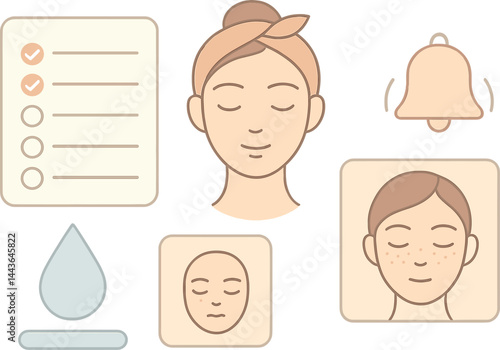 Vector illustration of a facial skincare tracker with routine checklist, hydration meter, skin condition log, and reminder bell. Soft and clean visuals, no text, transparent background