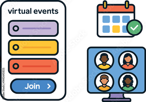 Vector illustration of a virtual events app with upcoming sessions, join button, calendar sync, and host profiles. Bright and accessible interface, no text, transparent background