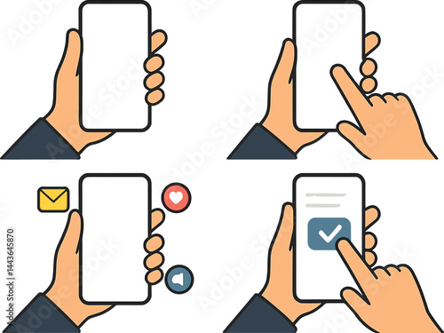 Hand holding and using mobile phone. Set of vector illustrations for graphic and web design of business, technology, marketing and social media banners and presentations, smartphone services and apps
