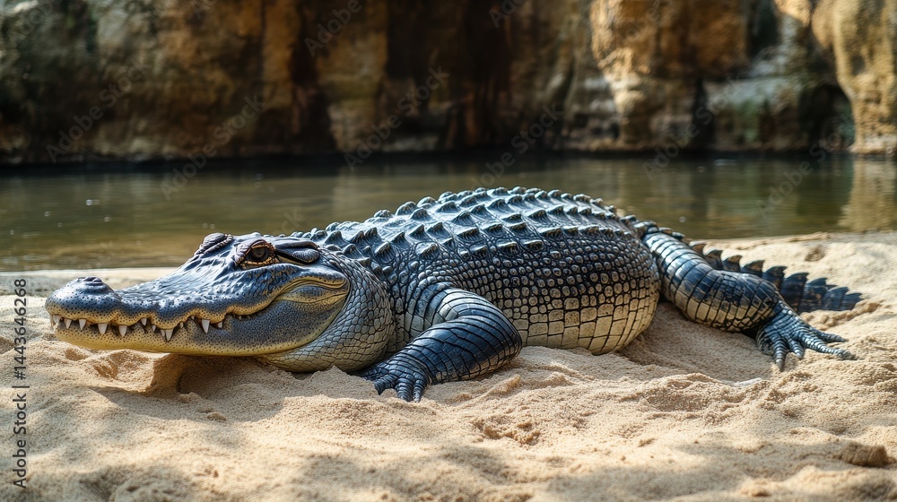 Obraz premium Alligator resting on sandy shore by water in natural habitat