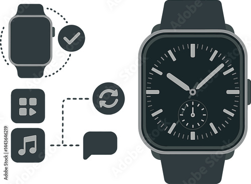 Vector illustration of a smart watch companion app with connected status, app manager, sync button, and watch face preview. Compact and techy visuals, no text, transparent background