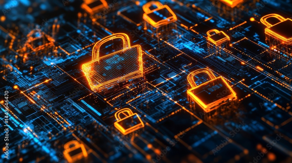 Abstract digital security concept with glowing padlock icons on a circuit board. Abstract digital security concept with glowing padlock icons on a circuit board.