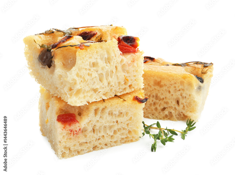 Pieces of delicious focaccia isolated on white Pieces of delicious focaccia isolated on white