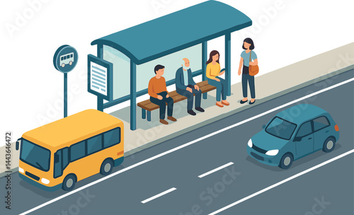 Isometric vector illustration of a bus stop with waiting passengers, schedule board, canopy shelter, and passing vehicles. Clear, bright design with attention to detail, no text, transparent