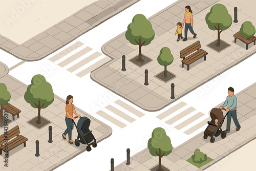 Isometric vector illustration of a pedestrian-friendly street with zebra crossings, bollards, small trees, benches, and strollers. Clean, welcoming city layout, no text, transparent background
