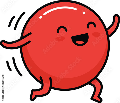 Red happy bouncing ball character smiling and waving arms in playful cartoon style vector illustration 