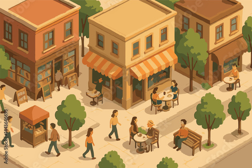 Isometric vector illustration of a city block with cafes, bookshops, people on benches, trees, and newspaper stands. Friendly and warm tone, no text, transparent background