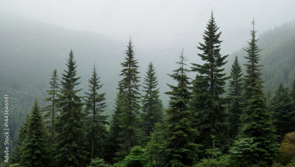 Evergreen trees in mountain forest. Ideal for nature, wilderness, and environmental, travel themes. Evergreen trees in mountain forest. Ideal for nature, wilderness, and environmental, travel themes.