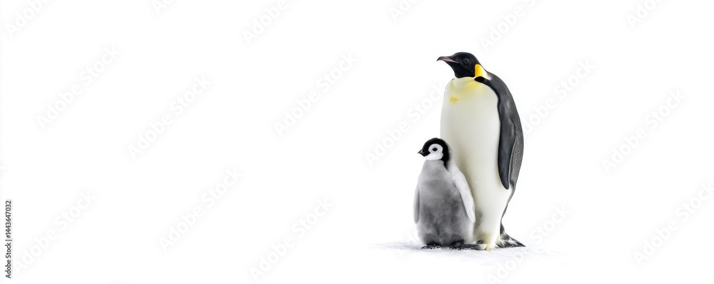 Obraz premium Arctic Companions: A heartwarming portrayal of a parent penguin standing tall beside its adorable chick, their bond of companionship captured in this evocative image.