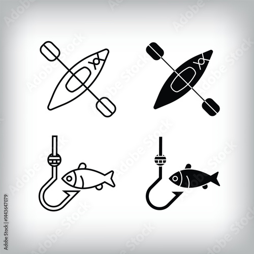 Hobby leisure design with fishing and kayaking. Simple linear and flat activity icon set.