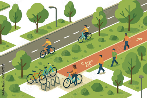 Isometric vector illustration of a bike-friendly urban area with bike racks, dedicated lanes, cyclists, and park trees. Healthy and vibrant urban planning, no text, transparent background