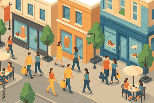 Isometric vector illustration of a downtown shopping street with boutique windows, shoppers, banners, and sidewalk cafés. Bright and commercial city life, no text, transparent background