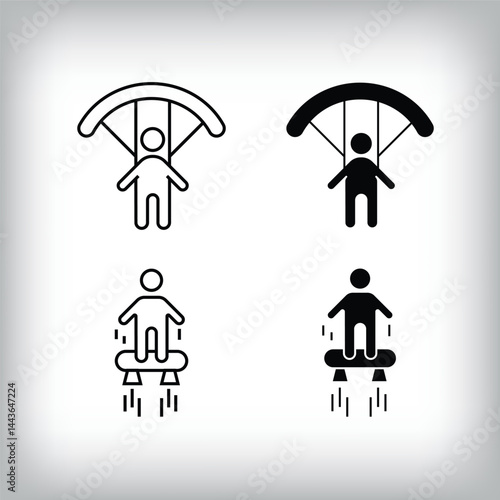 Hobby entertainment design with parachute sport and flyboard. Simple linear and flat activity icon set.
