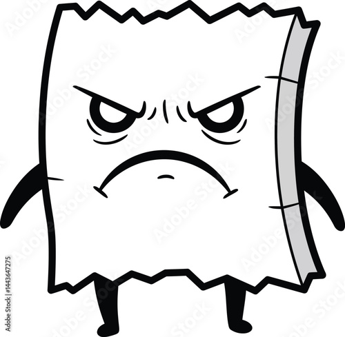 Angry cartoon paper character with arms and legs showing displeasure and frustration vector illustration 