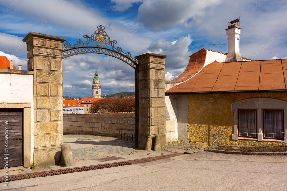 Historic gate and tower view in Cesky Krumlov, Czech Republic