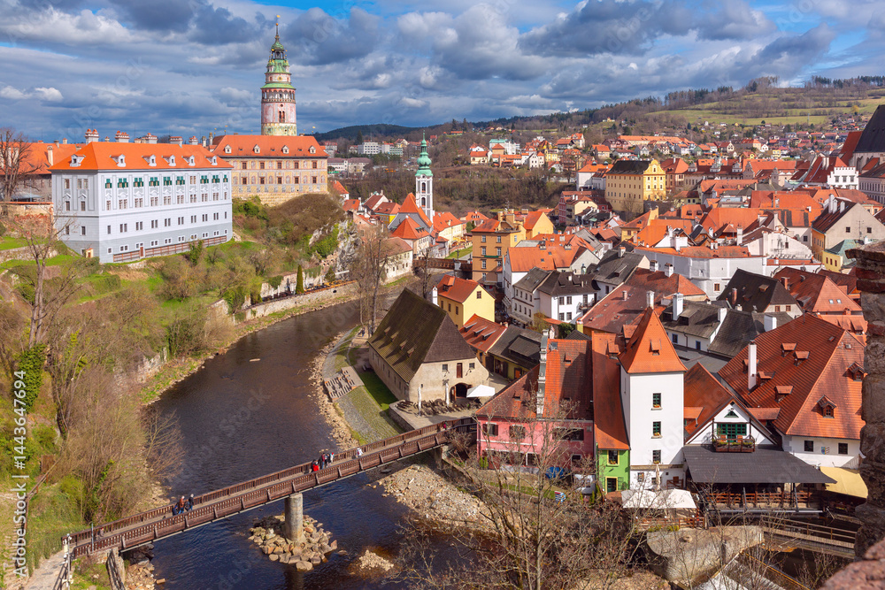 Sunny day view of historical buildings and river in Cesky Krumlov, Czech Republic