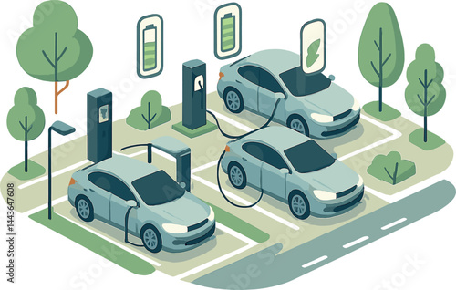 Isometric vector illustration of an electric vehicle charging zone with cars plugged in, charging indicators, and street greenery. Sustainable and clean energy moment, no text, transparent background