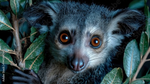 Close-up of a gray aye-aye with big brown eyes hanging from a tree and looking into the camera lens