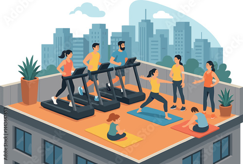 Isometric vector illustration of a rooftop gym with open-air treadmills, yoga mats, city backdrop, and personal trainers. Energetic and modern wellness spot, no text, transparent background