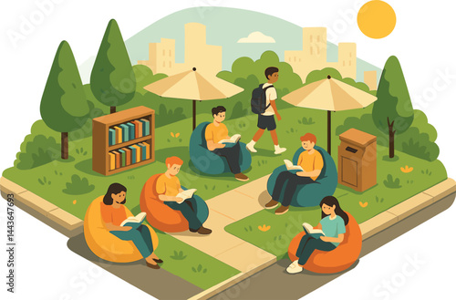 Isometric vector illustration of an outdoor reading area in a park with bean bags, book returns, umbrellas, and students. Educational and sunny city corner, no text, transparent background