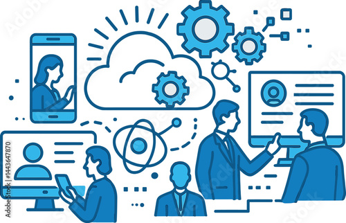 Highlight digital transformation with cloud icons, gears, mobile devices, and people interacting with systems. Vector illustration, innovative andShow job recruitment process with CV review,