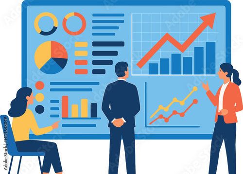 Visualize business analytics with large screen dashboard, KPIs, growth indicators, and team reviewing results. Vector illustration, clear visuals, bold colors, no text, transparent background