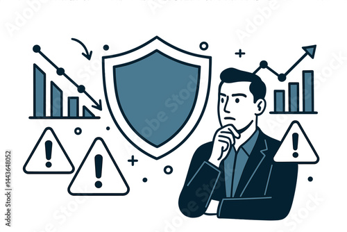 Show risk management with shield icon, warning signs, charts dropping and rising, and focused strategist. Vector illustration, secure and modern, no text, transparent background