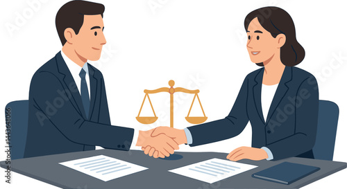 Display business negotiation scene with two professionals shaking hands, documents on the table, and legal scale. Vector illustration, professional and bright, no text, transparent background