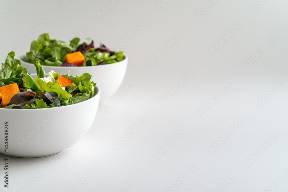 Fresh salad bowls diet and nutrition image featuring mixed greens and orange vegetables on clean white backdrop Fresh salad bowls diet and nutrition image featuring mixed greens and orange vegetables on clean white backdrop