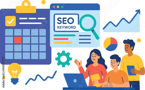 Build content strategy concept with content calendar, SEO keywords, traffic charts, and media planning team. Vector illustration, well-balanced and bright, no text, transparent background