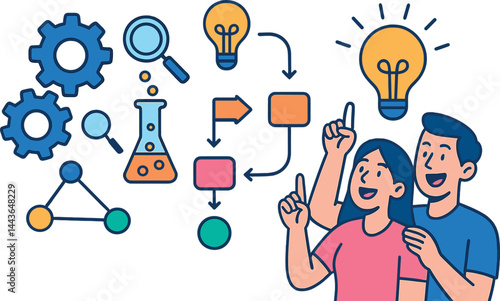 Demonstrate innovation mindset with gears turning, research icons, creative flowchart, and team eureka moment. Vector illustration, inspiring and vivid, no text, transparent background