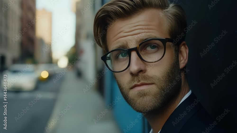 Portrait of a bearded man with glasses and a suit standing on a city street, with blurred background of buildings and cars. Portrait of a bearded man with glasses and a suit standing on a city street, with blurred background of buildings and cars.